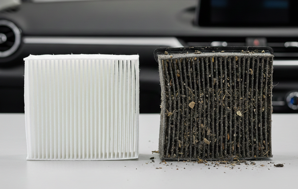 Comparação visual de dois filtros de ar-condicionado automotivo: um filtro preto de sujeira e um filtro novo totalmente branco.