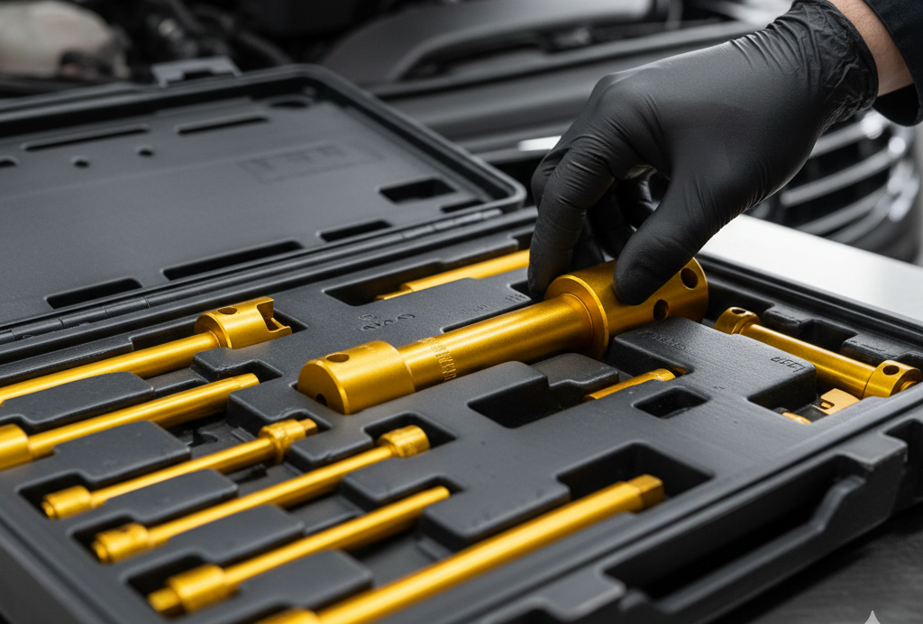 Kit de ferramentas Raven para sincronismo de motor em centro automotivo especializado.